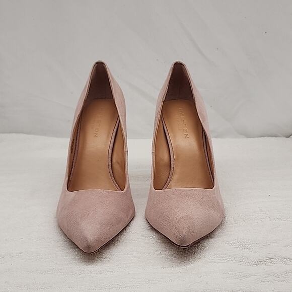 HALSTON HERITAGE CLAUDIA BIEGE/PINK LEATHER UPPER SUEDE STILLETO PUMPS 8.5 GUC - Picture 3 of 16